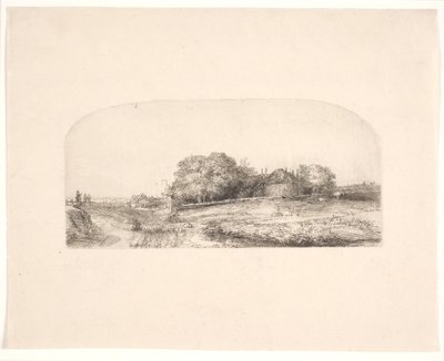 Landschap met een hooischuur en een kudde schapen door Rembrandt van Rijn