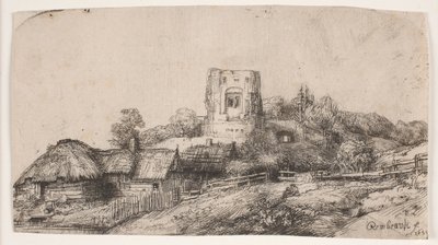 Landschap met een vierkante toren door Rembrandt van Rijn