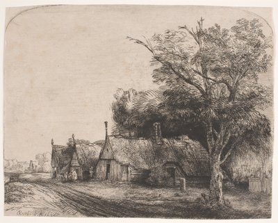 Landschap met drie huizen met puntgevels langs een weg door Rembrandt van Rijn