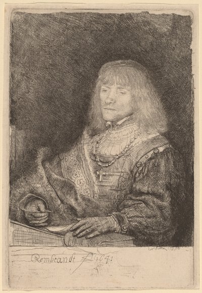 Man aan een Bureau met een Kruis en Ketting door Rembrandt van Rijn