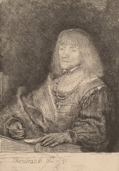 Man aan een bureau met een kruis en ketting, 1641 door Rembrandt van Rijn