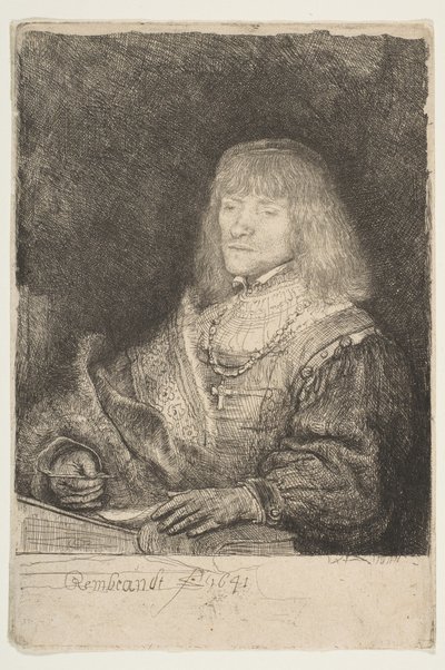 Man aan een Bureau met een Kruis en Ketting, 1641 door Rembrandt van Rijn