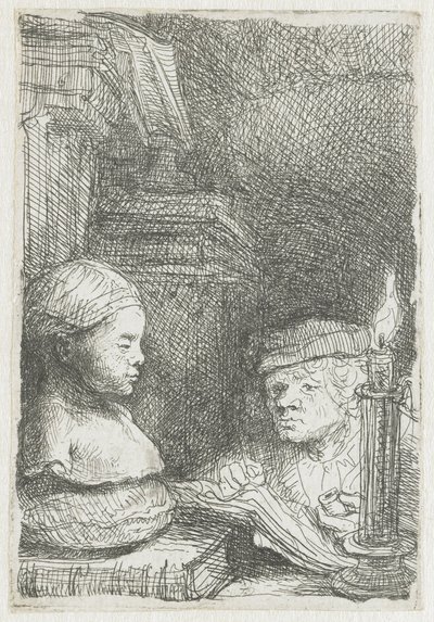 Man die tekent van een gipsmodel door Rembrandt van Rijn