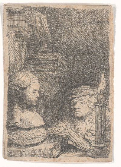 Man die tekent van een gipsmodel door Rembrandt van Rijn