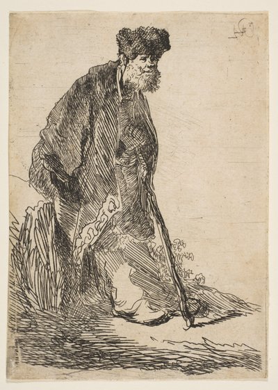 Man in een jas en bontmuts leunend tegen een bank, ca. 1630 door Rembrandt van Rijn