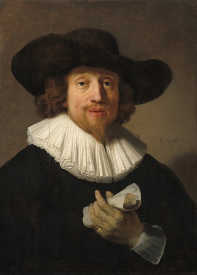 Man met een muziekblad door Rembrandt van Rijn