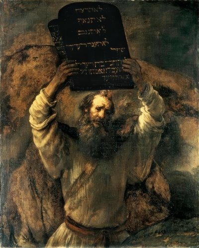 Mozes verbrijzelt de stenen tafelen door Rembrandt van Rijn