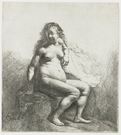 Naakte vrouw op een heuvel door Rembrandt van Rijn