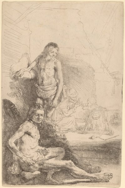 Naakte man zittend en naakte man staand, met een vrouw en baby op de achtergrond door Rembrandt van Rijn