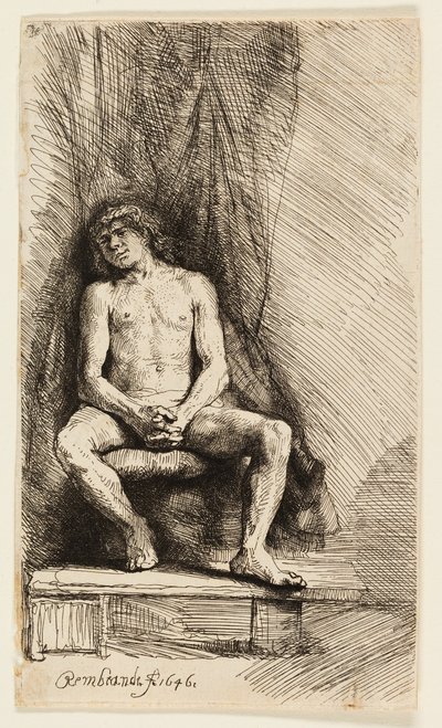 Naakte man zittend voor een gordijn door Rembrandt van Rijn