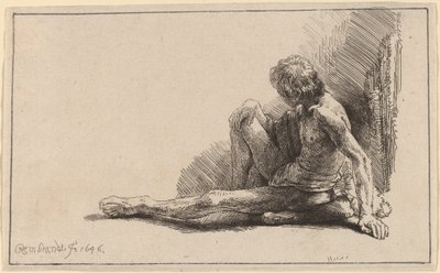 Naakte man zittend op de grond met één been uitgestrekt door Rembrandt van Rijn