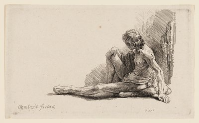 Naakte Man Zittend op de Grond met Eén Been Gestrekt door Rembrandt van Rijn