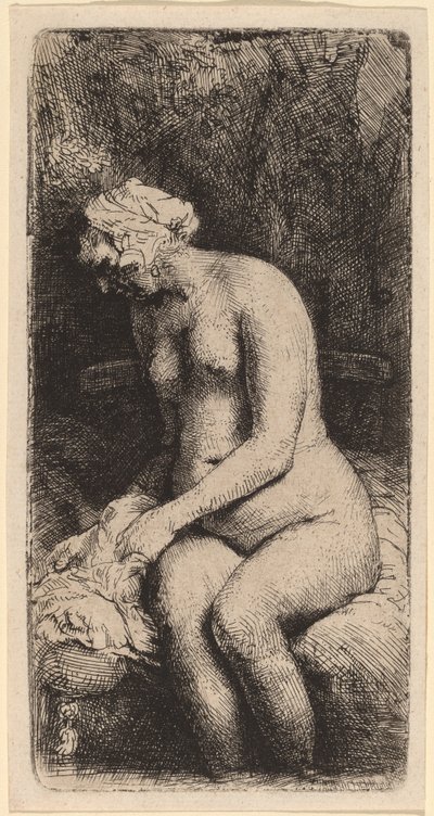 Naakt zittend op een bank met een kussen (Vrouw die haar voeten baadt in een beek) door Rembrandt van Rijn