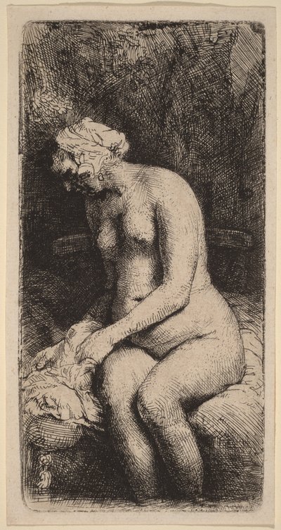 Naakt zittend op een bankje met een kussen (vrouw die haar voeten wast bij een beekje) door Rembrandt van Rijn