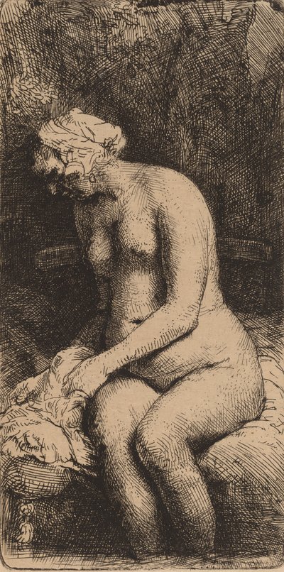 Naakte vrouw zittend op een bank met een kussen, vrouw die haar voeten baadt in een beek door Rembrandt van Rijn