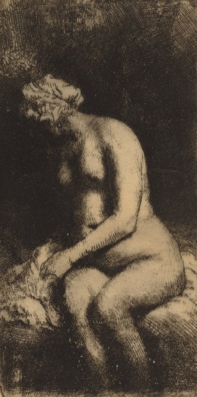 Naakt zittend op een bank met een kussen Vrouw die haar voeten baadt in een beek, 1658 door Rembrandt van Rijn