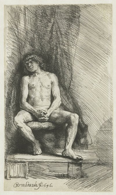 Naakte jonge man, zittend voor een gordijn door Rembrandt van Rijn