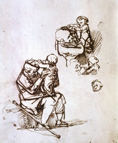 Oude man speelt met kind door Rembrandt van Rijn