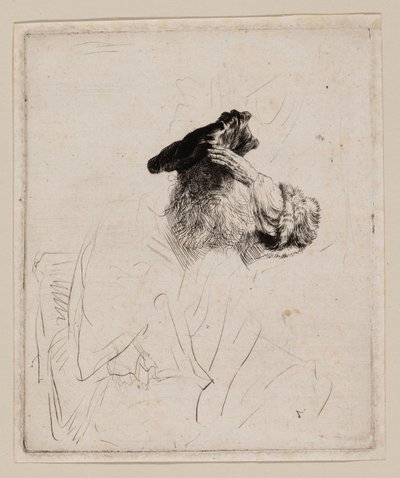 Oude man die zijn ogen met zijn hand afschermt door Rembrandt van Rijn