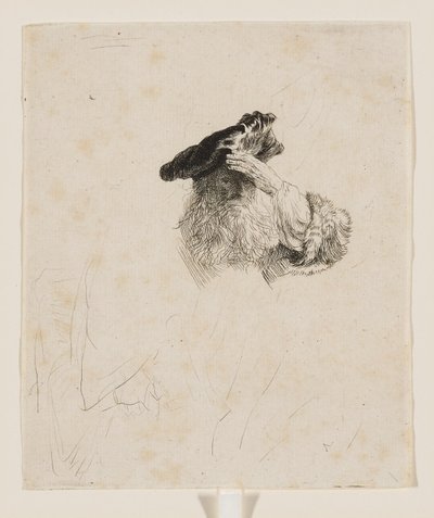 Oude man die met zijn hand zijn ogen afschermt door Rembrandt van Rijn