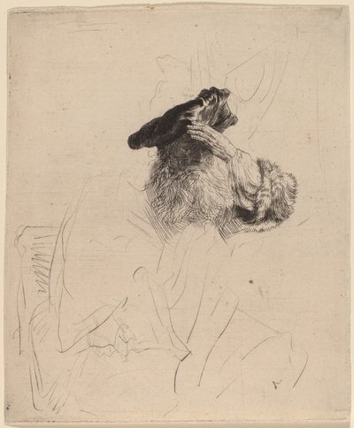 Oude man die zijn ogen met zijn hand afschermt door Rembrandt van Rijn