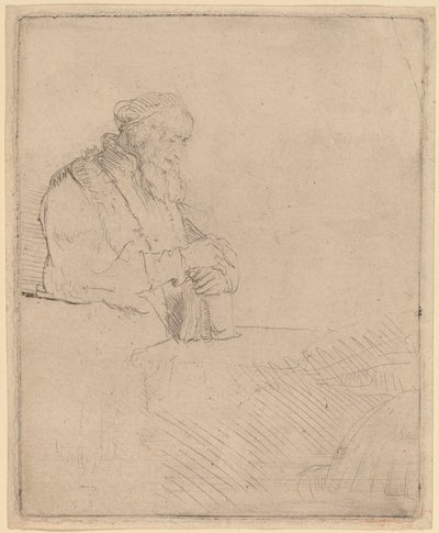 Oude man in meditatie, leunend op een boek door Rembrandt van Rijn