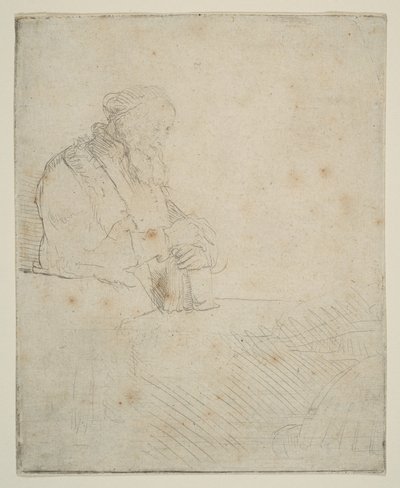 Oude Man in Meditatie, Leunend op een Boek door Rembrandt van Rijn