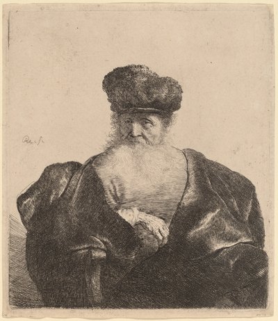 Oude man met baard, bontmuts en fluwelen mantel door Rembrandt van Rijn
