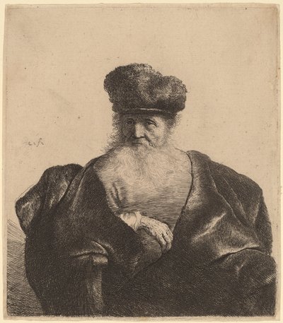 Oude man met baard, bontmuts en fluwelen mantel door Rembrandt van Rijn