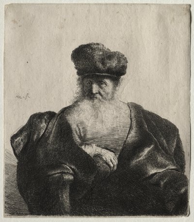 Oude man met baard, bontmuts en fluwelen mantel door Rembrandt van Rijn