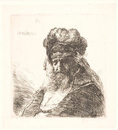 Oude bebaarde man met een hoge bontmuts, met gesloten ogen door Rembrandt van Rijn
