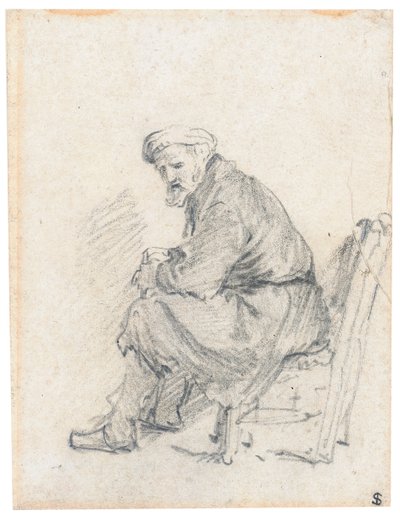 Oude man met tulband, zittend in profiel, naar links draaiend door Rembrandt van Rijn