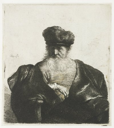 Oude man met baard, bontmuts en fluwelen mantel door Rembrandt van Rijn