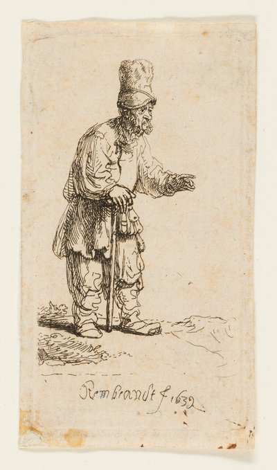 Boer met een hoge pet, leunend op een stok door Rembrandt van Rijn