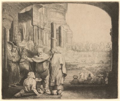 Petrus en Johannes genezen de kreupele bij de tempelpoort door Rembrandt van Rijn