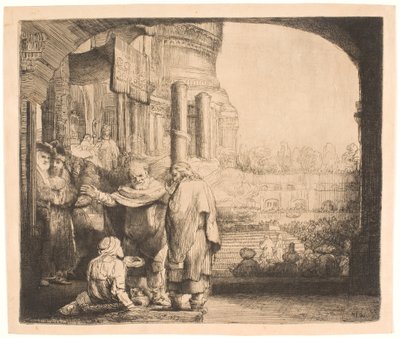 Petrus en Johannes genezen de kreupele bij de tempelpoort door Rembrandt van Rijn