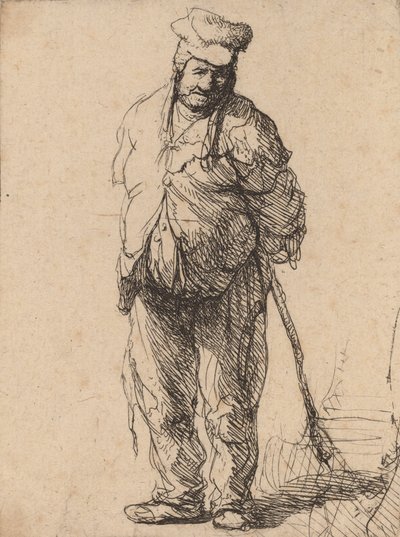 Haveloze boer met zijn handen achter zich, met een stok, ca. 1630 door Rembrandt van Rijn