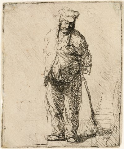 Haveloze Boer met zijn Handen achter Hem, een Stok Vasthoudend door Rembrandt van Rijn
