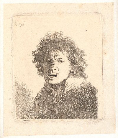 Rembrandt met ontbloot hoofd en open mond, alsof hij schreeuwt: buste door Rembrandt van Rijn