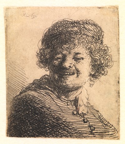 Rembrandt met een pet, lachend: buste door Rembrandt van Rijn