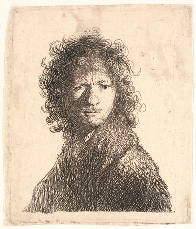 Rembrandt met ontbloot hoofd, in scherp licht van rechts: kijkend over zijn schouder: buste door Rembrandt van Rijn