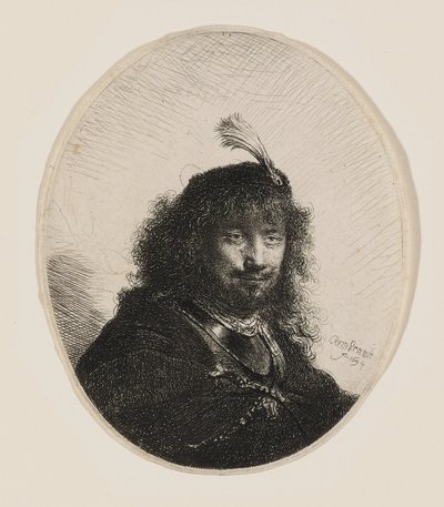 Rembrandt met een hoed met pluim en een neergelaten sabel door Rembrandt van Rijn
