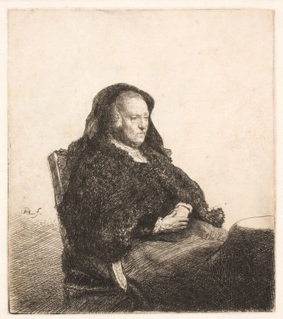 Rembrandts moeder, zittend aan een tafel, kijkend naar rechts: driekwartportret door Rembrandt van Rijn