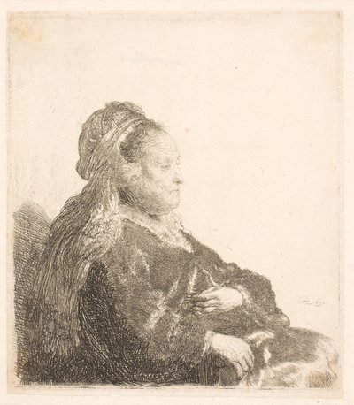 Rembrandts moeder zittend naar rechts, in een oosters hoofddeksel: half-lengte, met handen door Rembrandt van Rijn