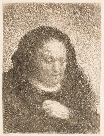 Rembrandts moeder met de hand op de borst: kleine buste door Rembrandt van Rijn