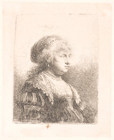 Rembrandts vrouw Saskia, met parels in haar haar, borstbeeld door Rembrandt van Rijn