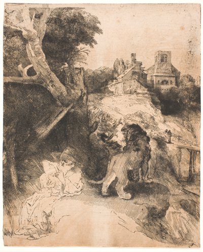 S. Hiëronymus aan het lezen, in een Italiaans landschap door Rembrandt van Rijn