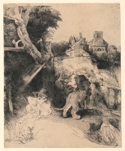 Sint Hiëronymus lezend in een Italiaans landschap door Rembrandt van Rijn
