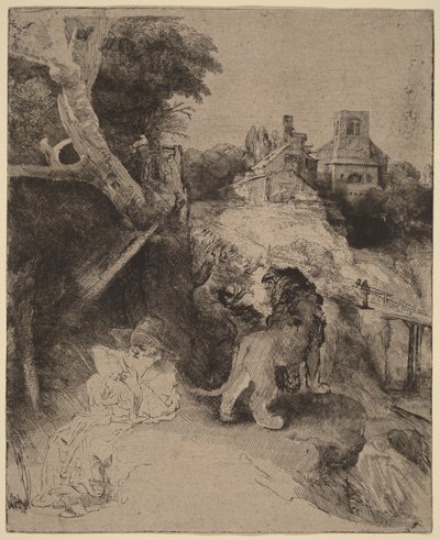 De heilige Hiëronymus aan het lezen in een Italiaans landschap door Rembrandt van Rijn
