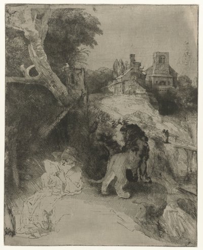 Sint Hiëronymus lezend in een Italiaans landschap door Rembrandt van Rijn
